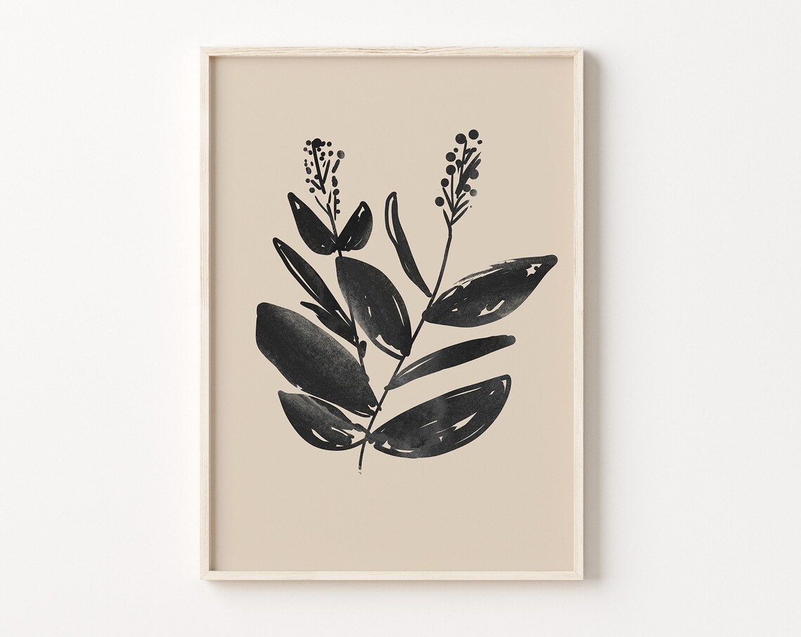Black Botanical Branch Berries Ink Art Beige Minimalist Wall Poster