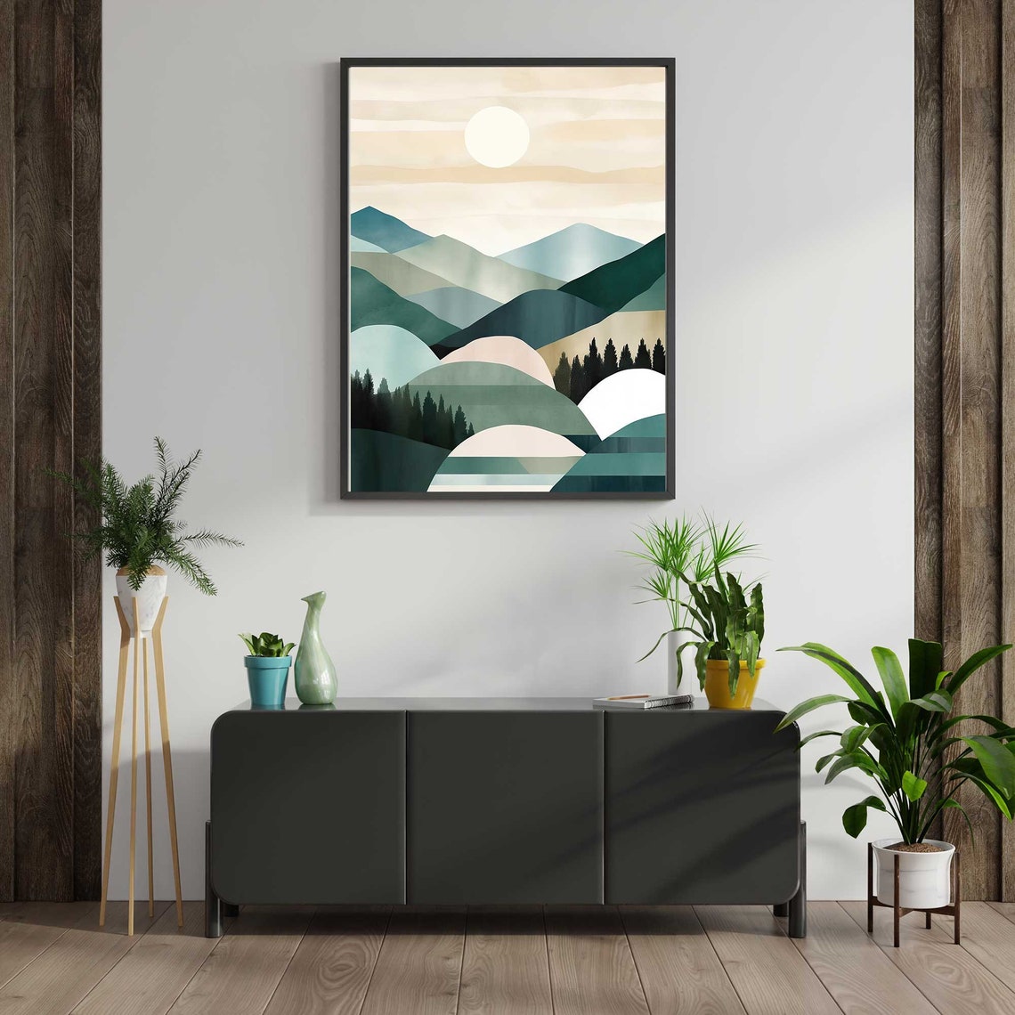 Mid Century Modern Layered Mountain Landscape With Sun Poster - Image 4