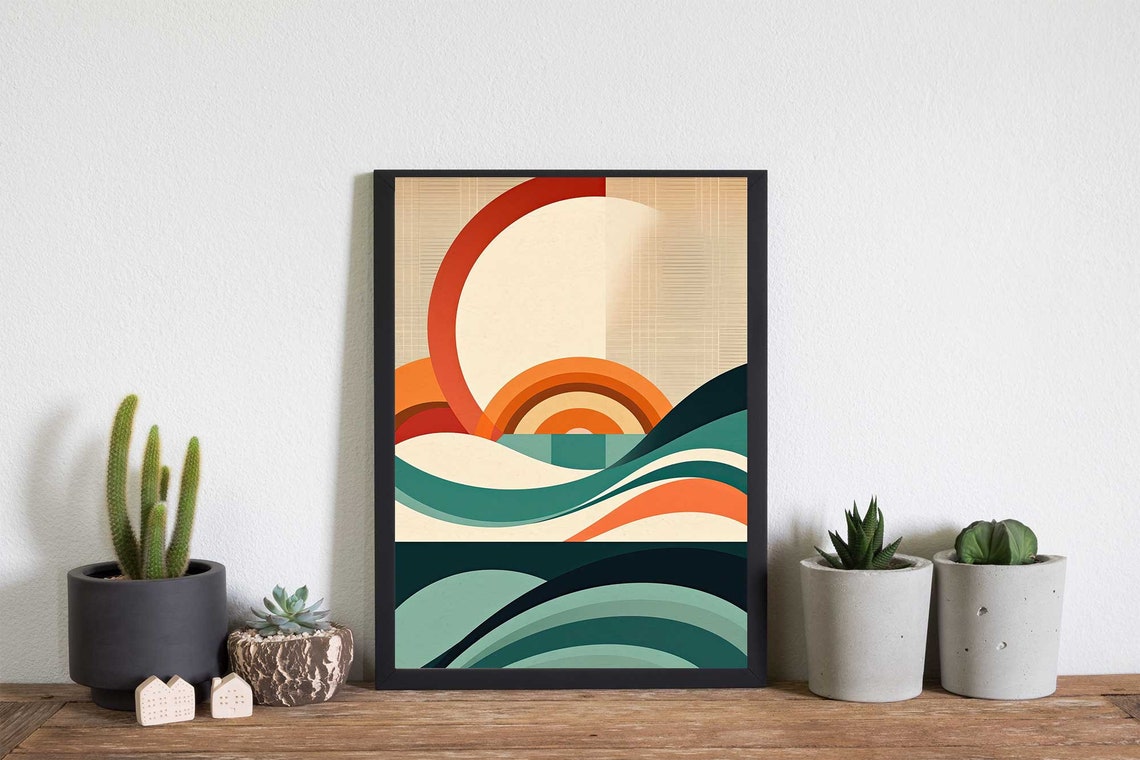 Mid Century Modern Ocean Sunrise With Retro Wave Curves Poster - Image 4
