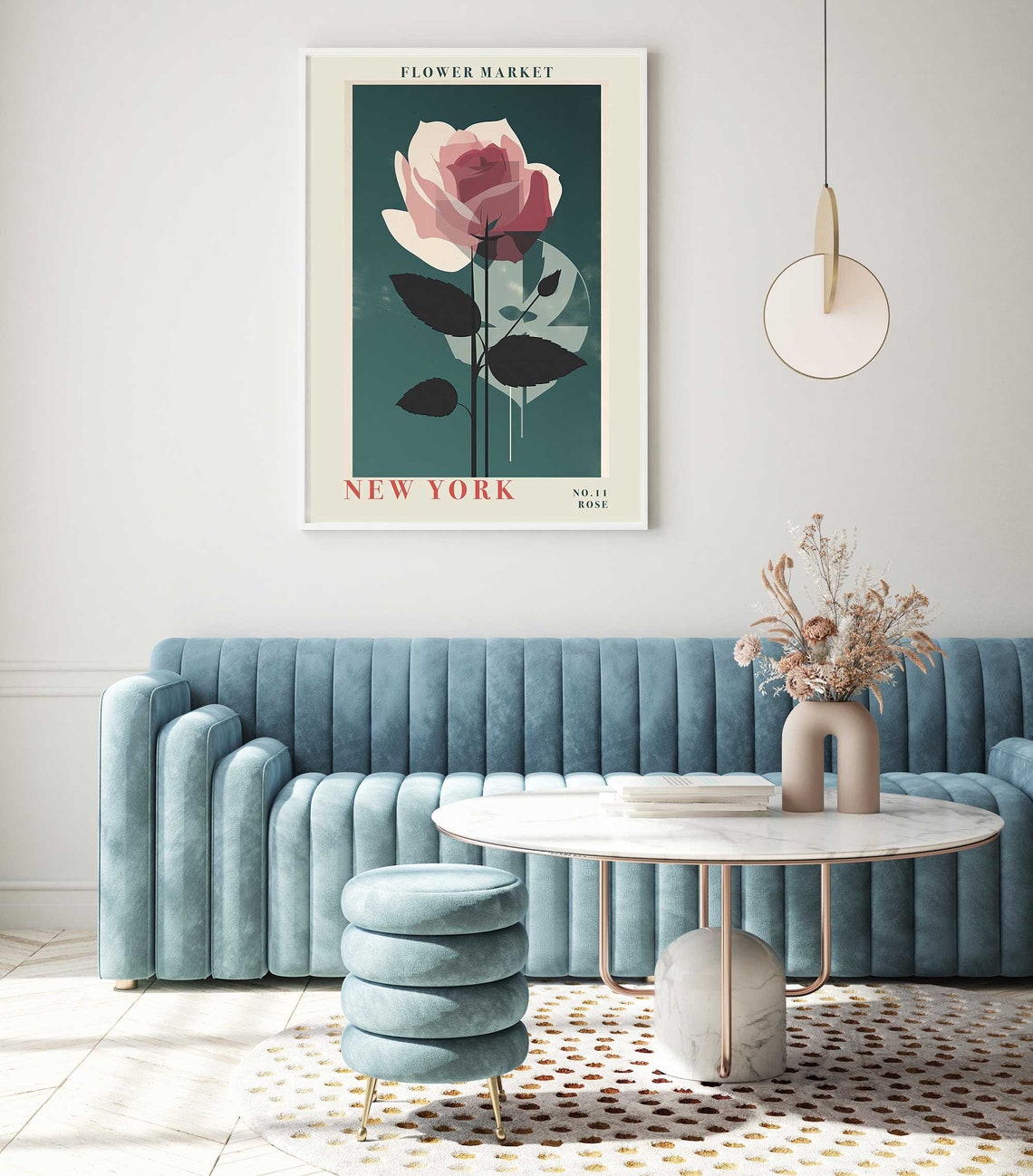 New York Rose Pink Blossom Teal Background Botanical Flower Poster - Image 2