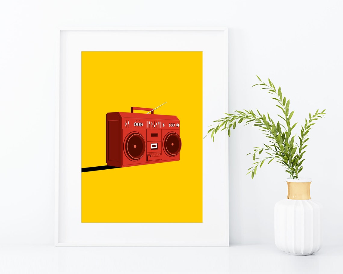 Red Boombox On Yellow Retro 80s Hip Hop Music Artwork Poster - Image 2