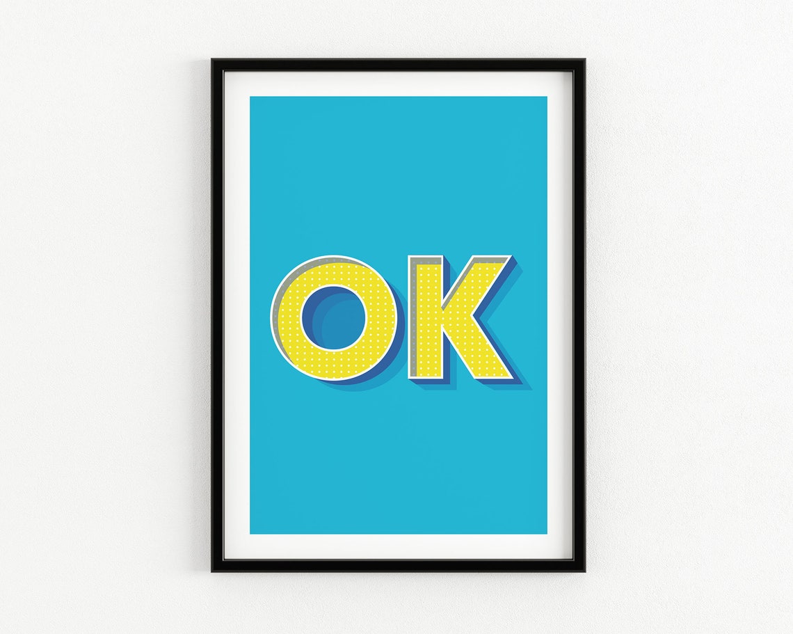 OK Retro Pop Art Yellow 3D Letters Turquoise Background Poster