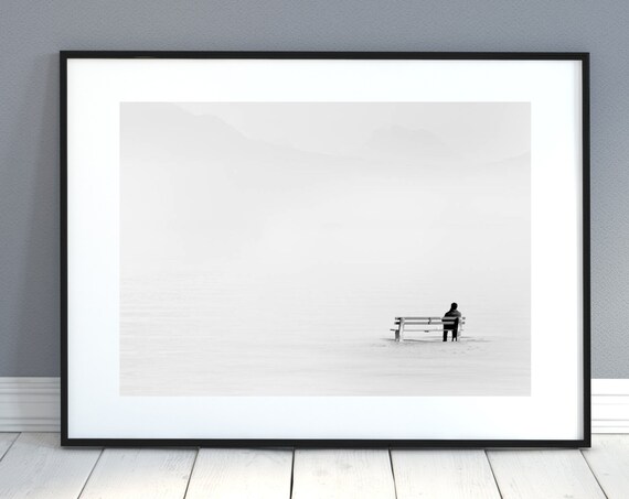 Lone Figure on Bench in Fog Minimalist Black White Photo Poster