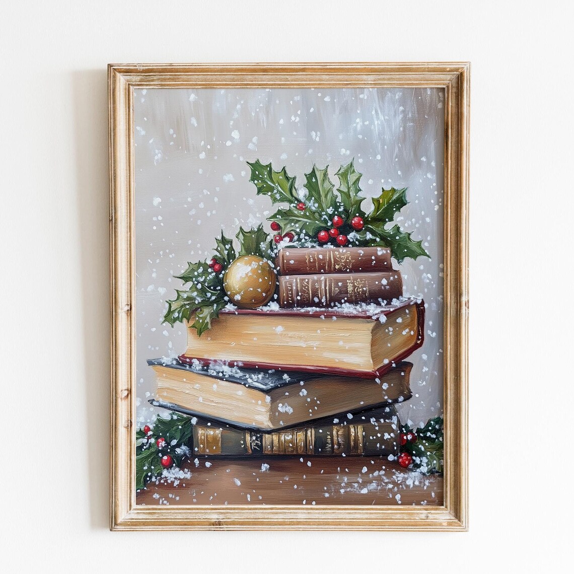 Vintage Books Falling Snow Holly Gold Ornament Christmas Poster