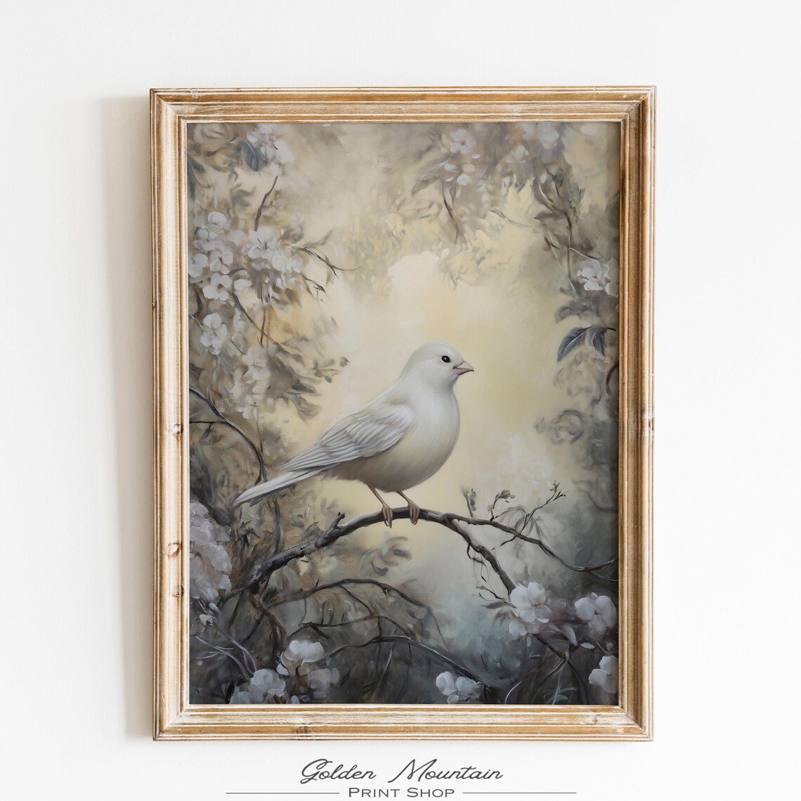 White Dove Bird on Blossom Branch Misty Floral Vintage Spring Poster