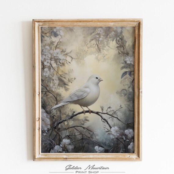 White Dove Bird on Blossom Branch Misty Floral Vintage Spring Poster