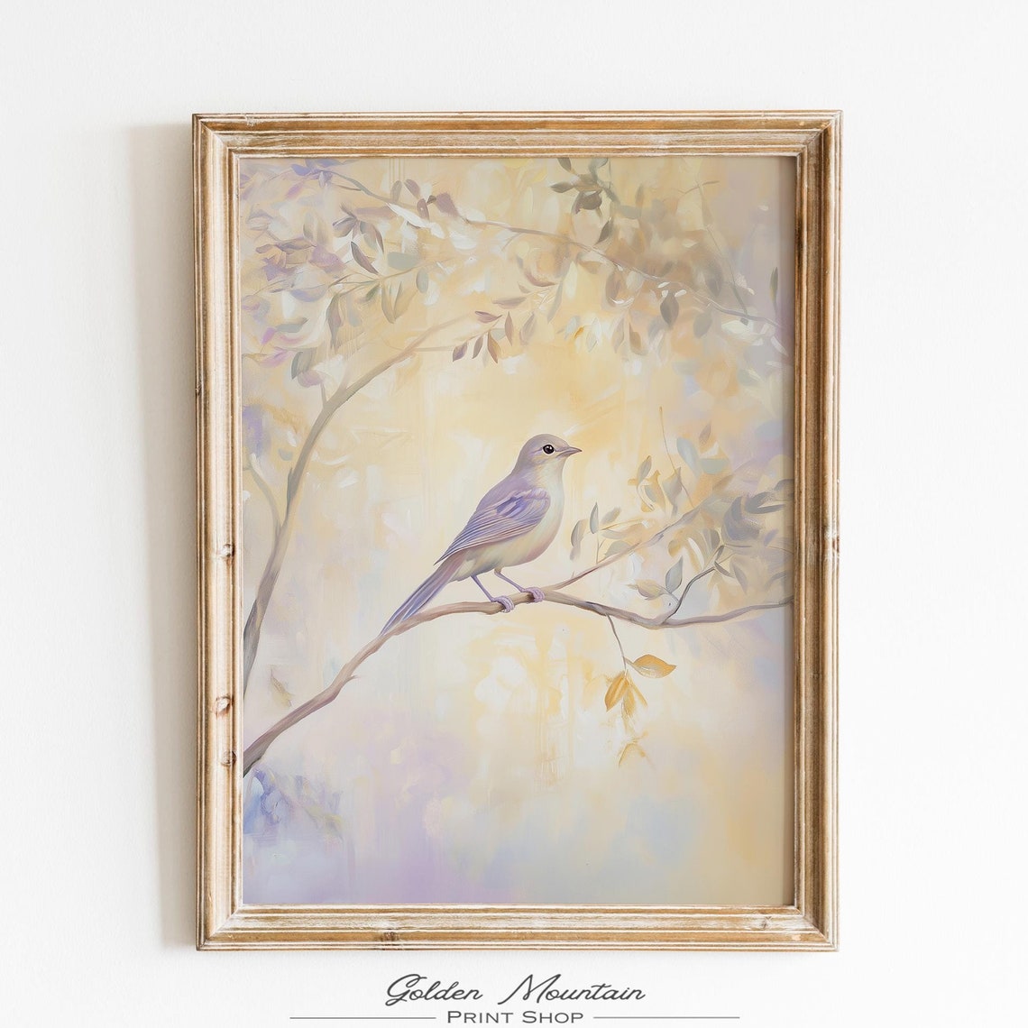 Blue Songbird on Flowering Branch Pastel Watercolor Spring Bird Poster