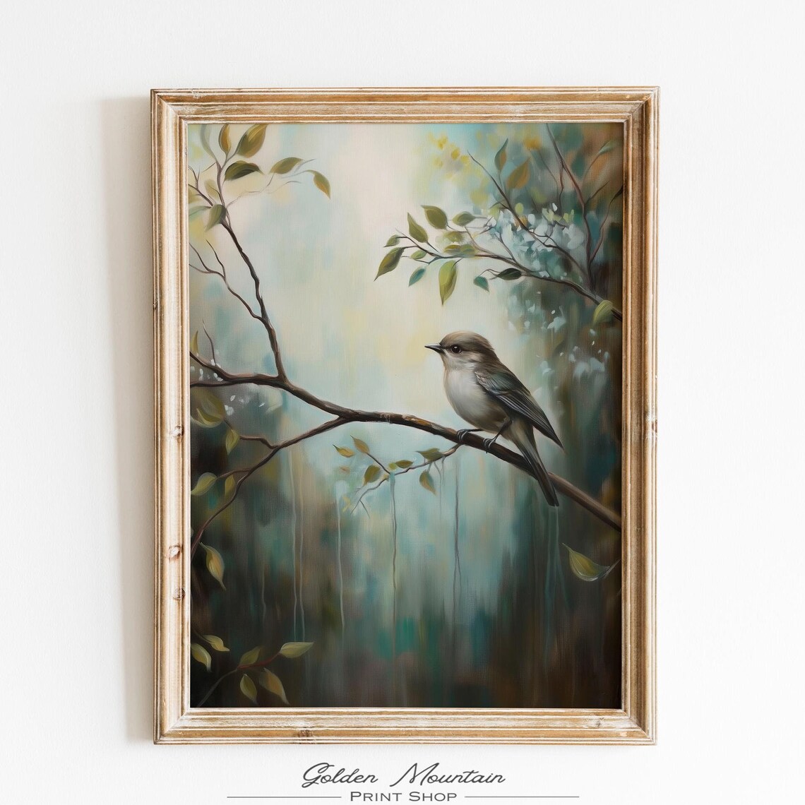 Gray Songbird on Branch Pastel Spring Watercolor Painting Bird Poster