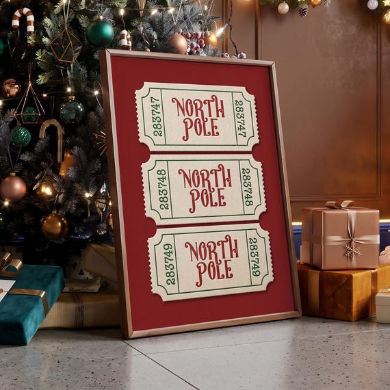 North Pole Ticket Prints Trendy Christmas Poster Red Xmas Wall Art Vintage Holiday Print Funky Retro Digital File