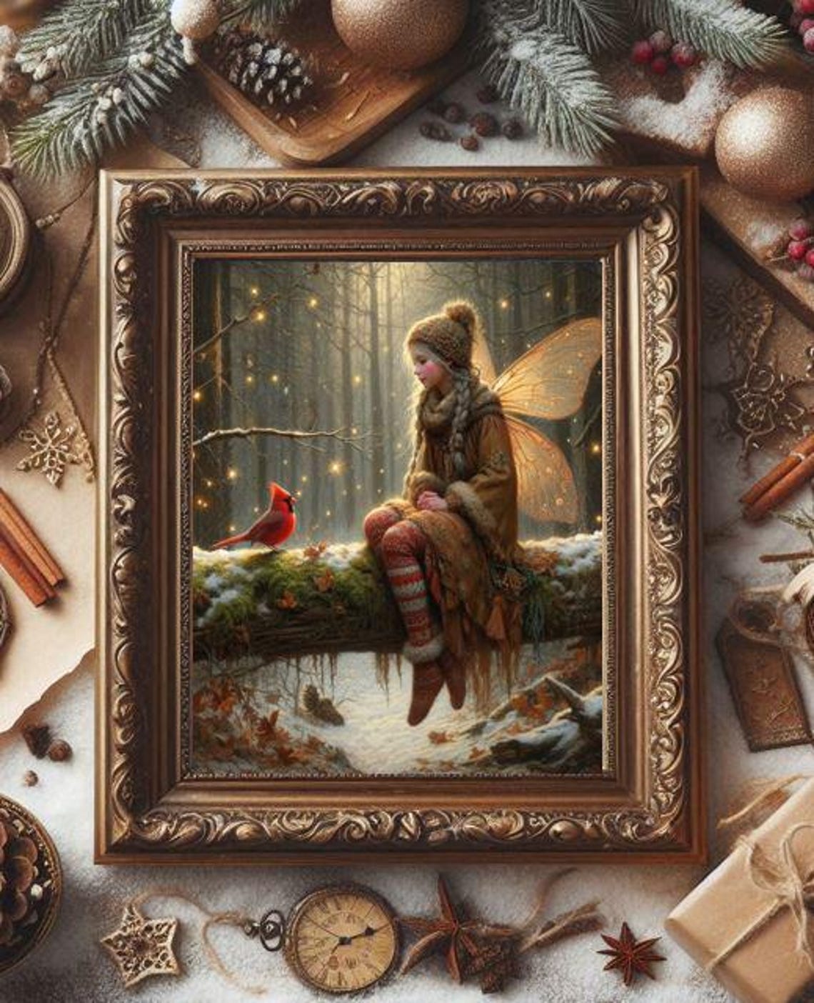 Winter Fairy with Red Cardinal Bird Magical Forest Art Poster