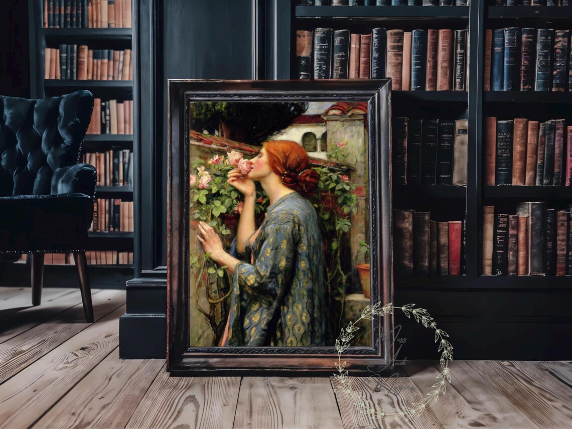 Redhead Woman Smelling Roses Romantic Garden Oil Painting Print