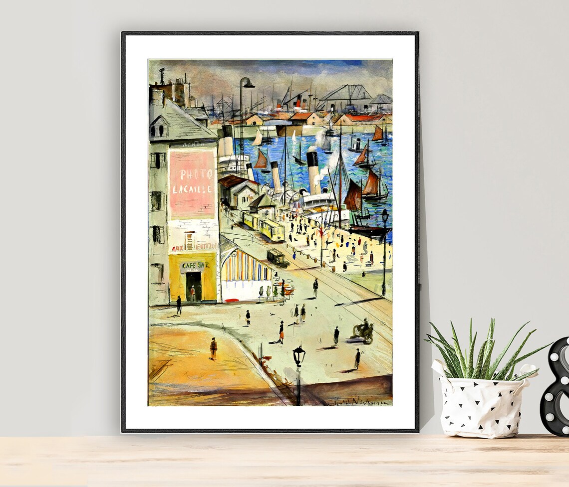 French Le Havre Harbour Steamers Tram Watercolor City Art Poster