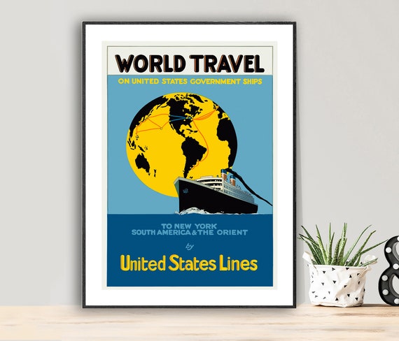 World Travel United States Lines Vintage Travel Poster Poster Paper Or Print Gift Idea