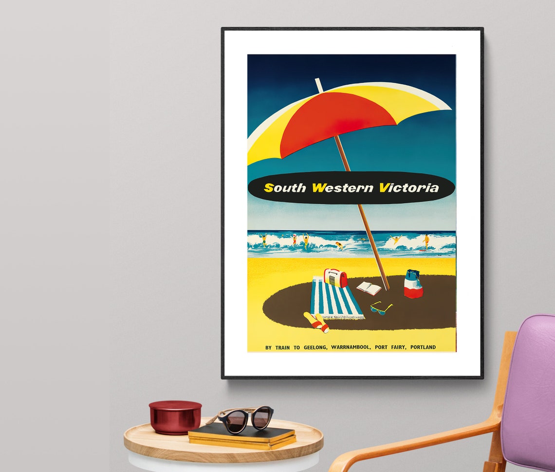 South Western Victoria Australia Beach Umbrella Train Poster