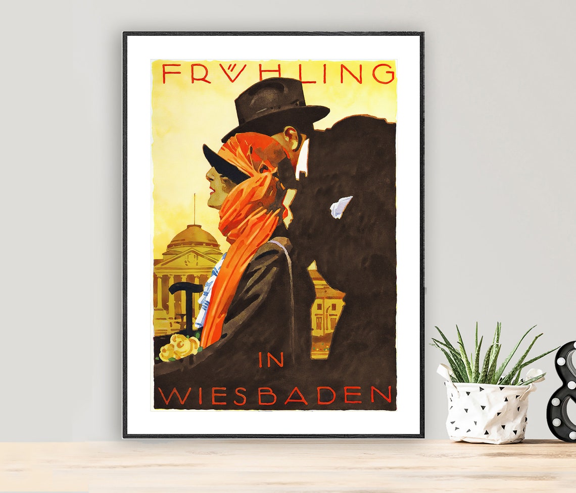 Spring In Wiesbaden Elegant Couple Vintage German Travel Poster