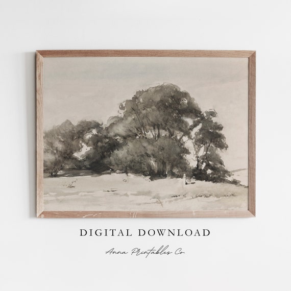 Tree Near Wassenaar Antique Dutch Landscape Painting For Vintage Watercolor Wall Art Cottage Farmhouse Decor