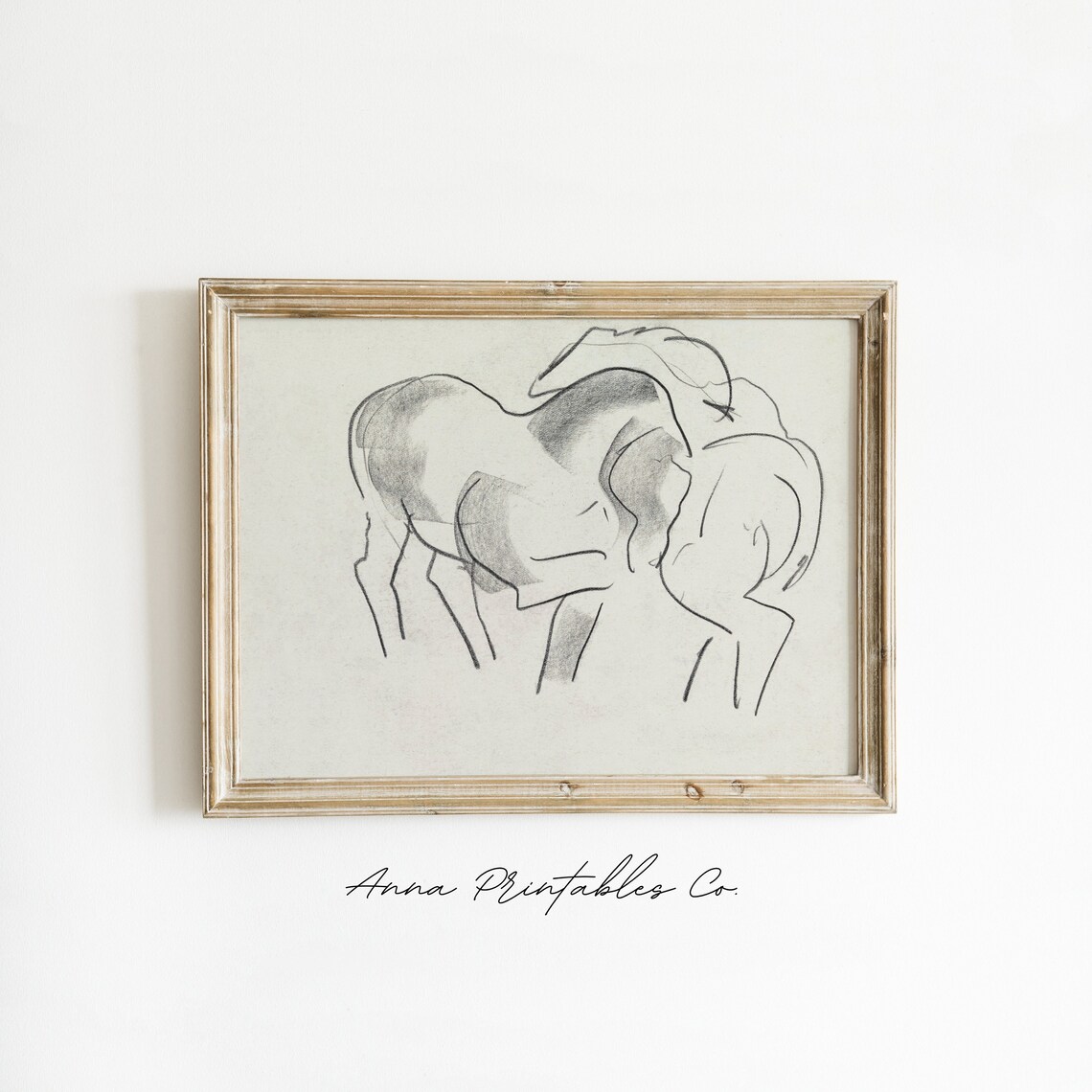 Antique Two Horse Study Vintage Charcoal Sketch Drawing Poster - Image 2