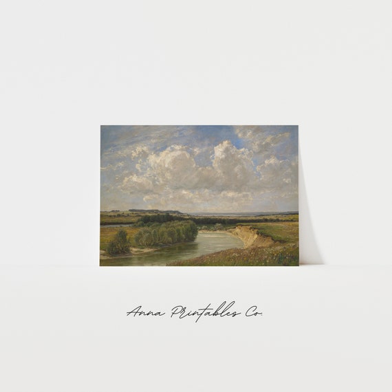 Antique River Landscape Painting Muted Tones Wall Art Country Scenic Fine Art Print Cottage Farmhouse Decor