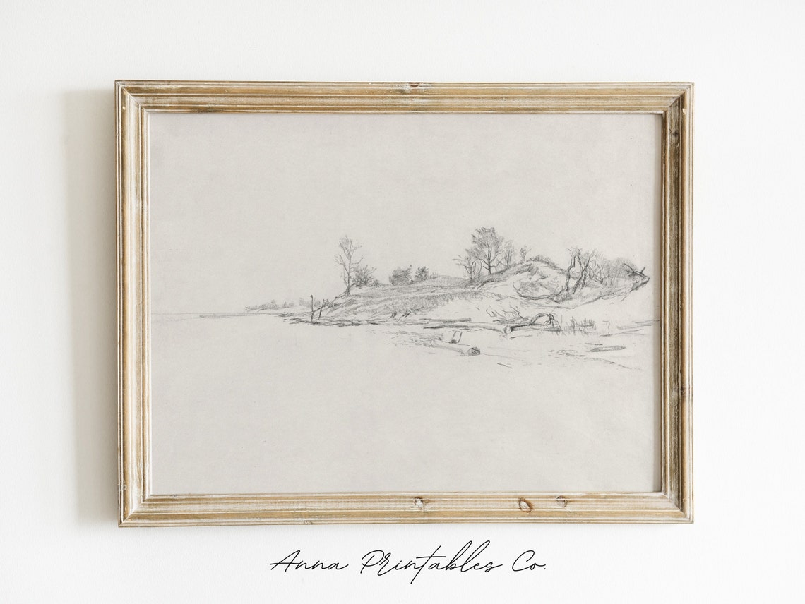Pastures Edge Antique Landscape Sketch Print For Neutral Tone Wall Art Fine Art Prints Vintage Drawing - Image 2
