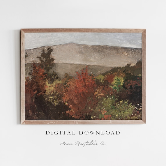 Vintage Fall Landscape Painting Fall Decor Wall Art Antique Oil Painting Mountain Landscape Wall Art Prints