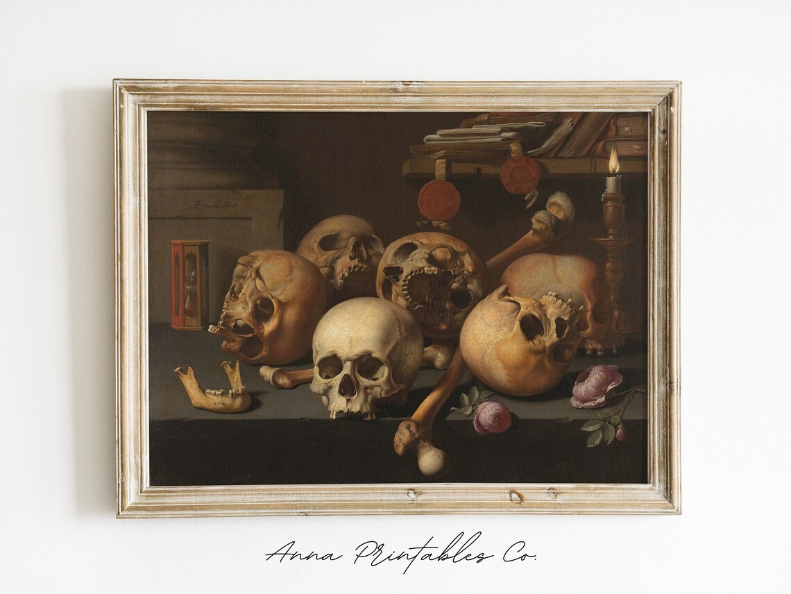 Still Life With Skulls Antique Vanitas Painting Candle Dark Academia Print - Image 2