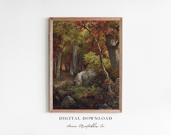 Antique Fall Forest Vintage Autumn Stream Woods Painting Poster
