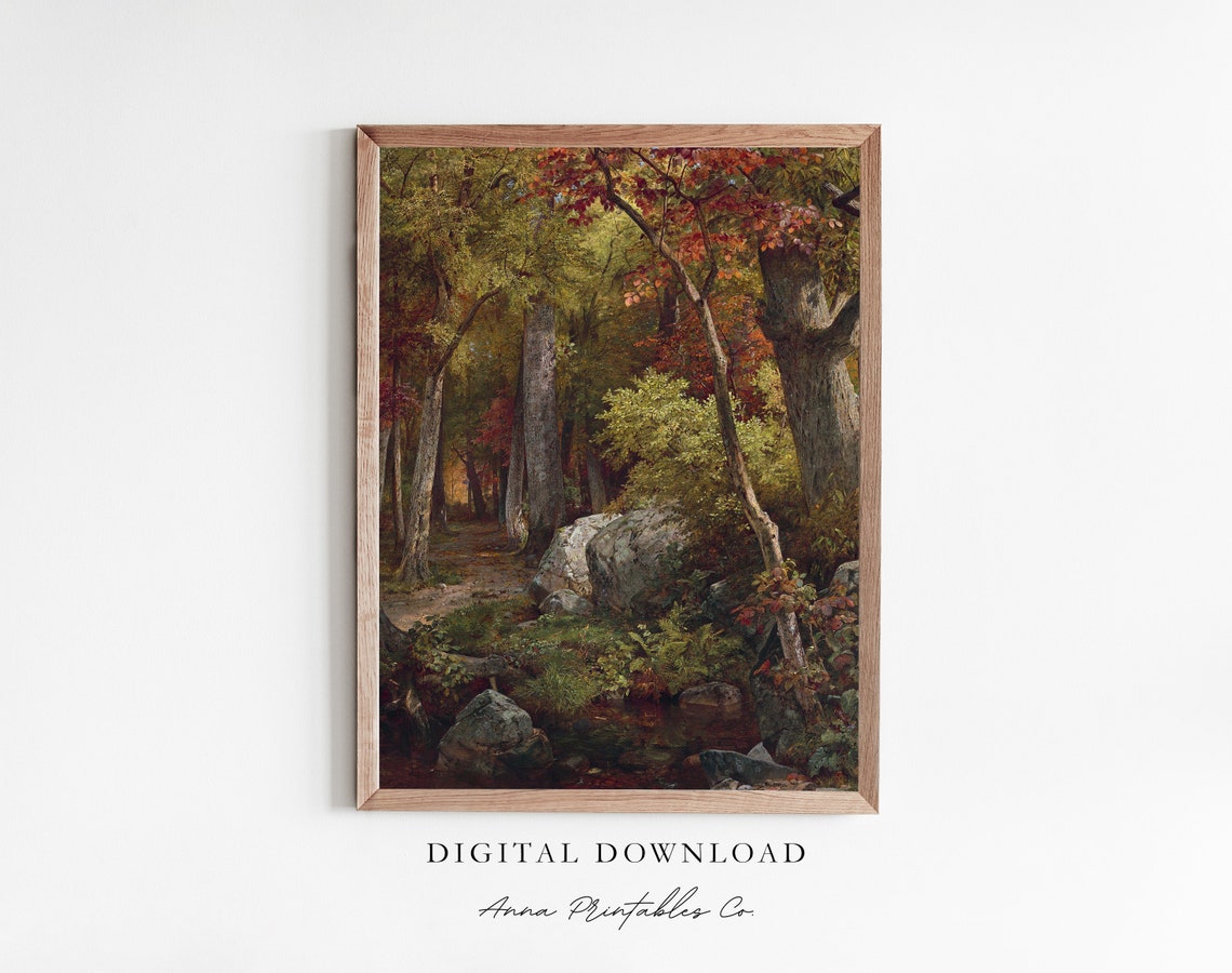 Antique Fall Forest Vintage Autumn Stream Woods Painting Poster