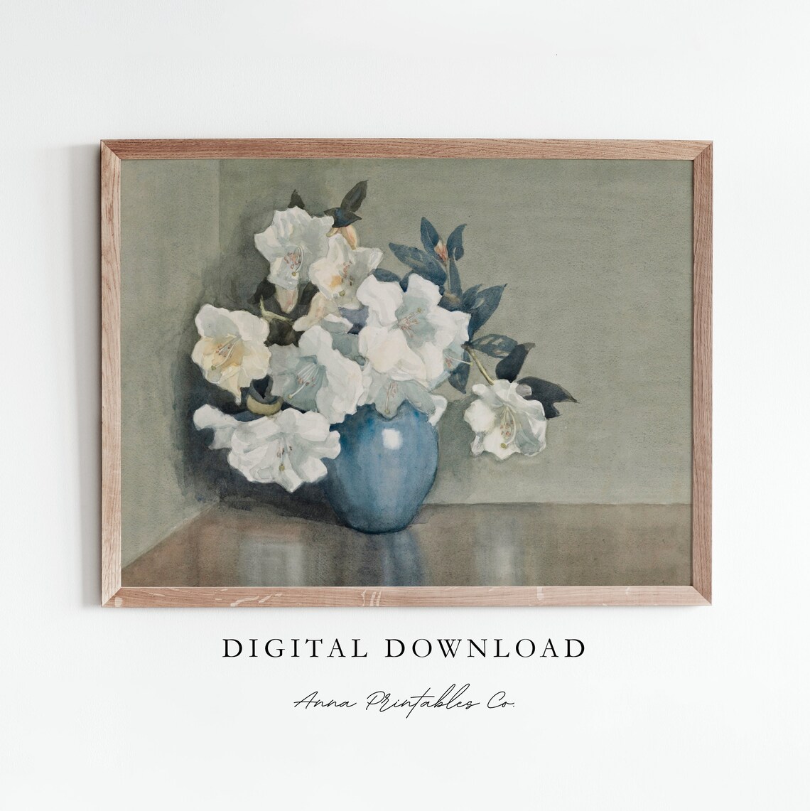 White Azaleas in Blue Vase Watercolor Floral Painting Poster