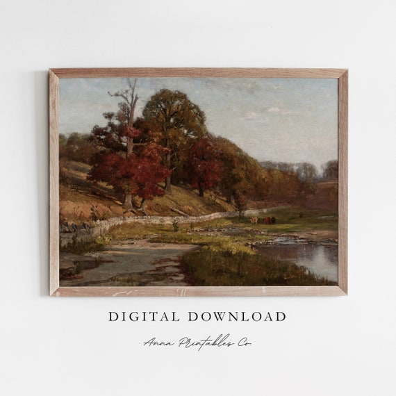 Autumn Riverbank Antique Fall Landscape Painting For Vintage Moody Wall Art Cottage Farmhouse Decor Print