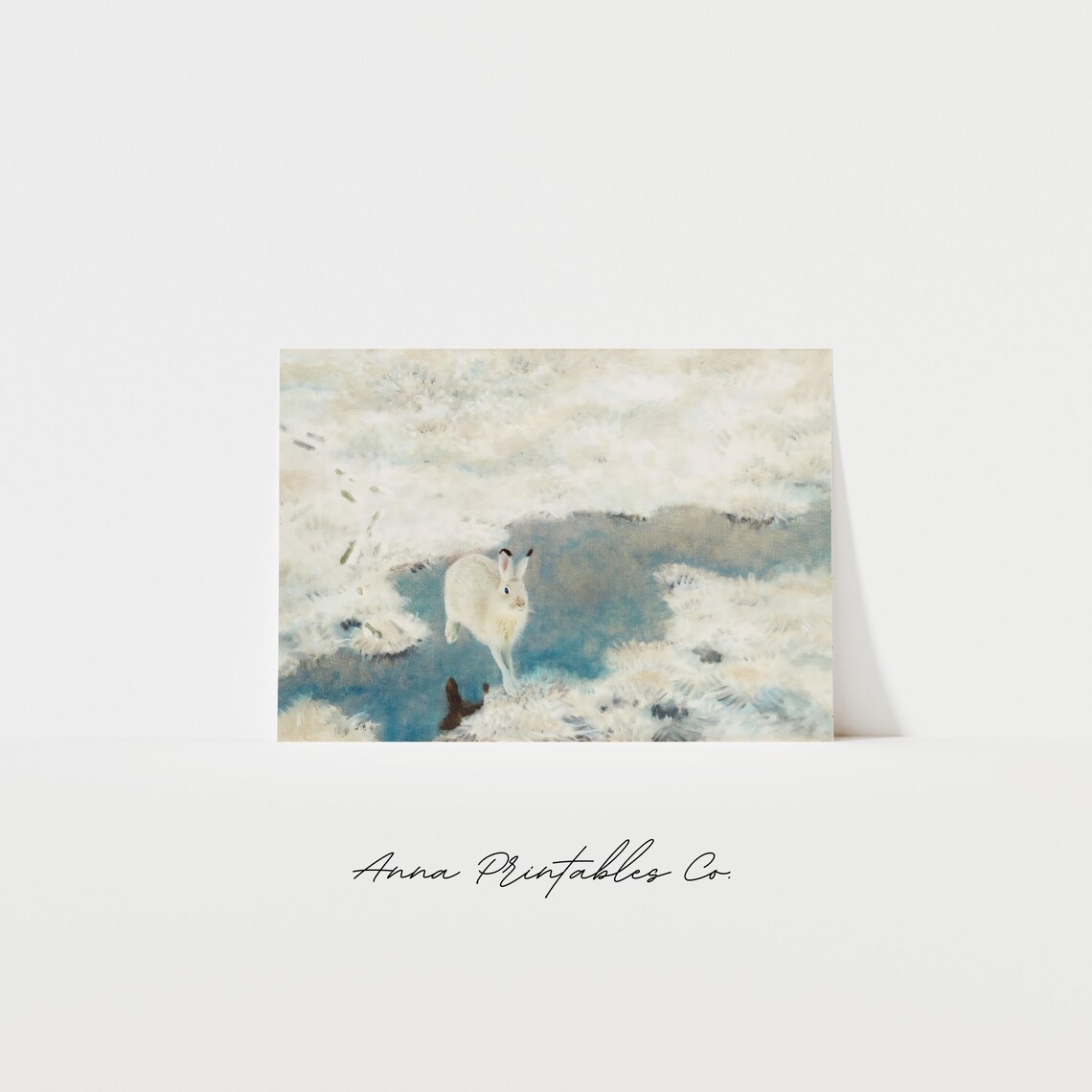 Arctic Hare Leaping Over Icy Water in a Snowy Landscape Painting Poster