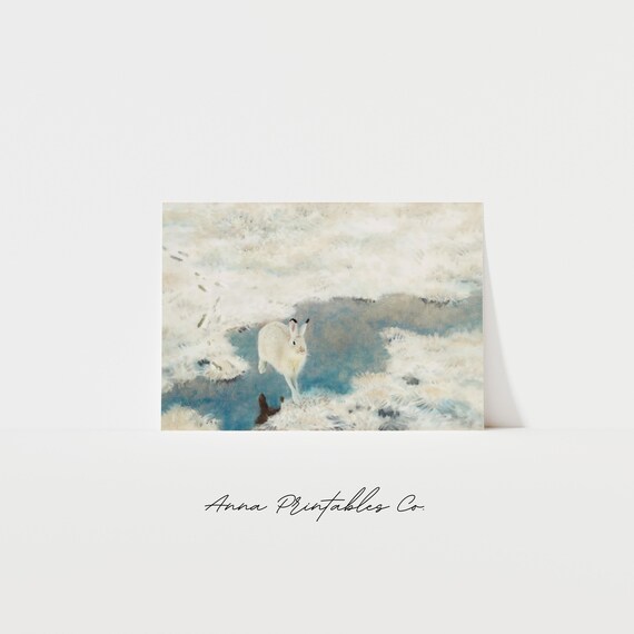 Arctic Hare Leaping Over Icy Water in a Snowy Landscape Painting Poster