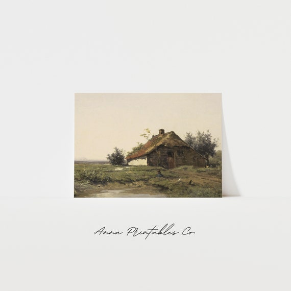 Vintage Country Cottage Landscape Painting Antique Farm Wall Art Muted Neutral Tone Decor Farmhouse Print