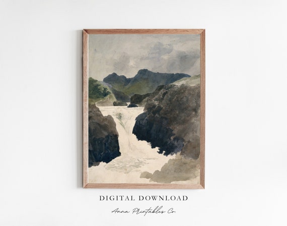 River Rapids Scene Antique Waterfall Landscape Painting For Vintage Watercolor Wall Art Fine Art Prints