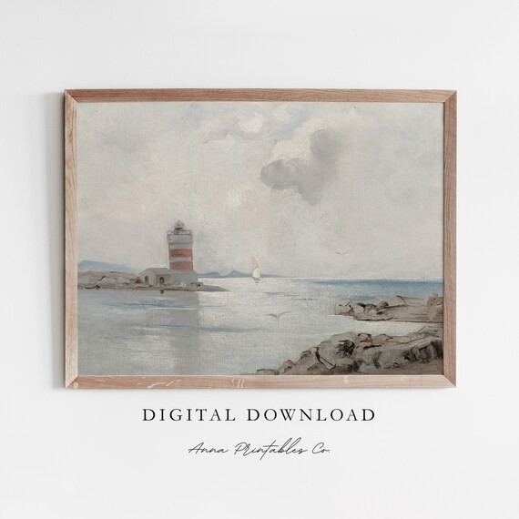 Lighthouse In The Bay Antique Coastal Painting Striped Tower Seascape Print