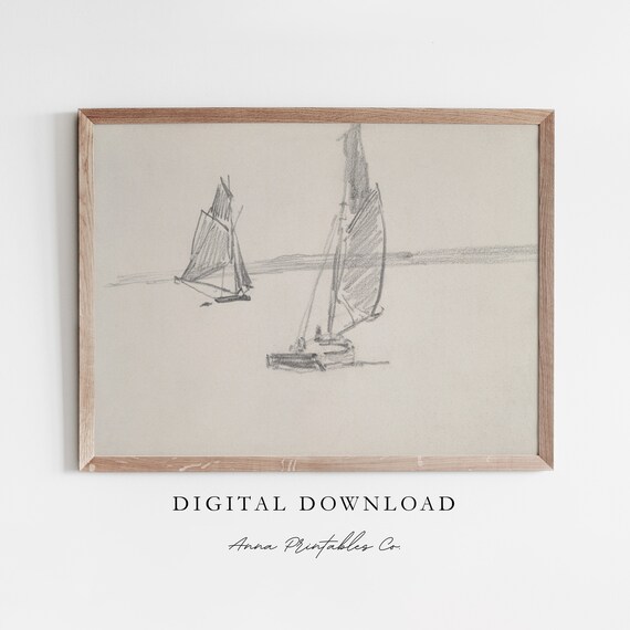 Charcoal Sketch of Two Sailboats Drifting on Calm Water Poster