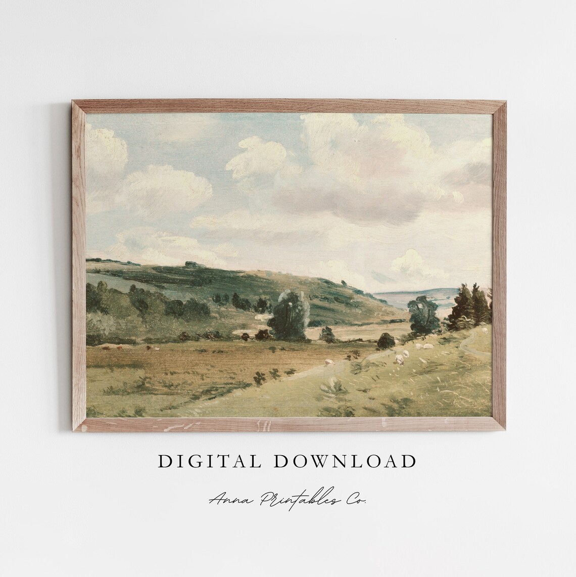 Meadow Landscape Vintage Painting, Farmhouse Decor