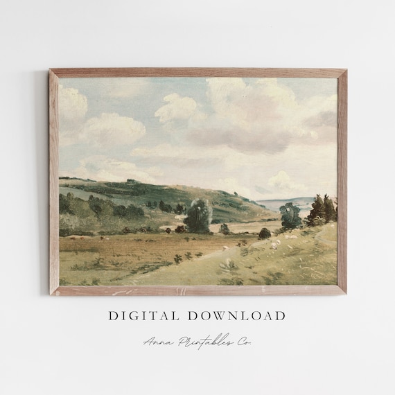 Meadow Landscape Vintage Painting, Farmhouse Decor