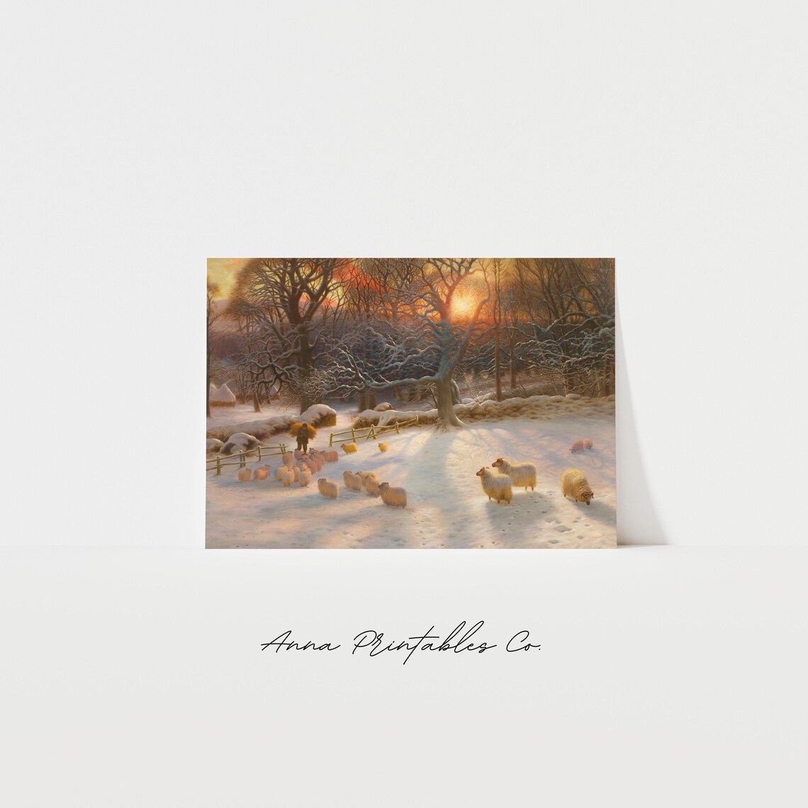 Antique Sheep In A Snowy Landscape, Vintage Art Print