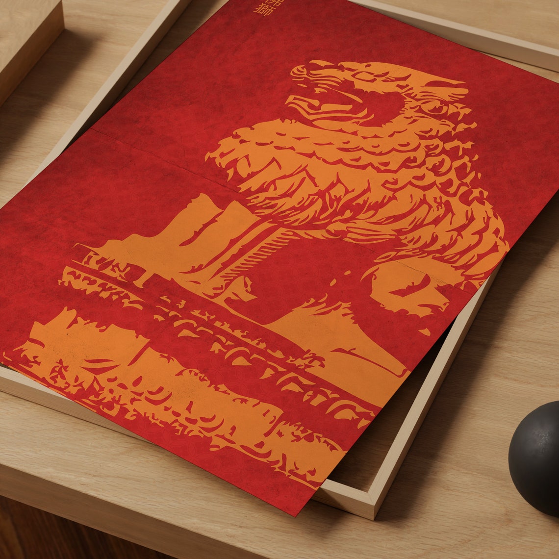 Foo Dog Guardian Lion Red and Gold Japanese Art Style Poster - Image 2