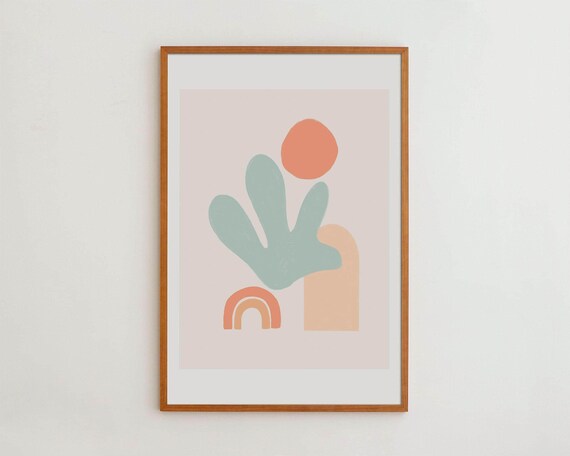 Matisse Style Abstract Botanical Sage Green Coral Neutral Wall Art