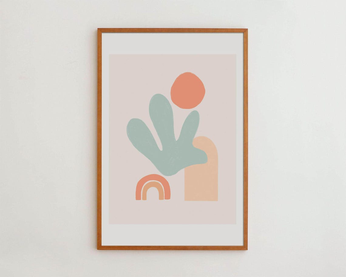 Matisse Style Abstract Botanical Sage Green Coral Neutral Wall Art