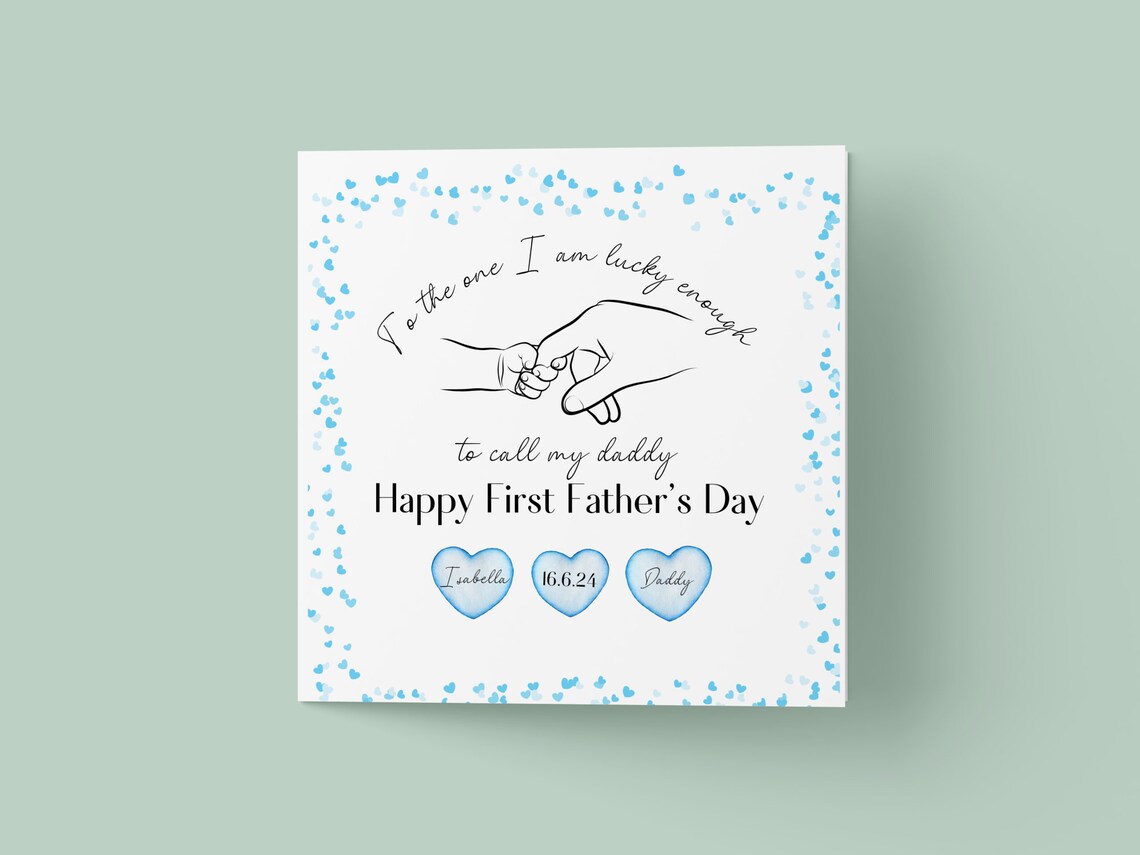 Personalized Happy First Fathers Day Card Baby Hand Holding Daddy Finger Print