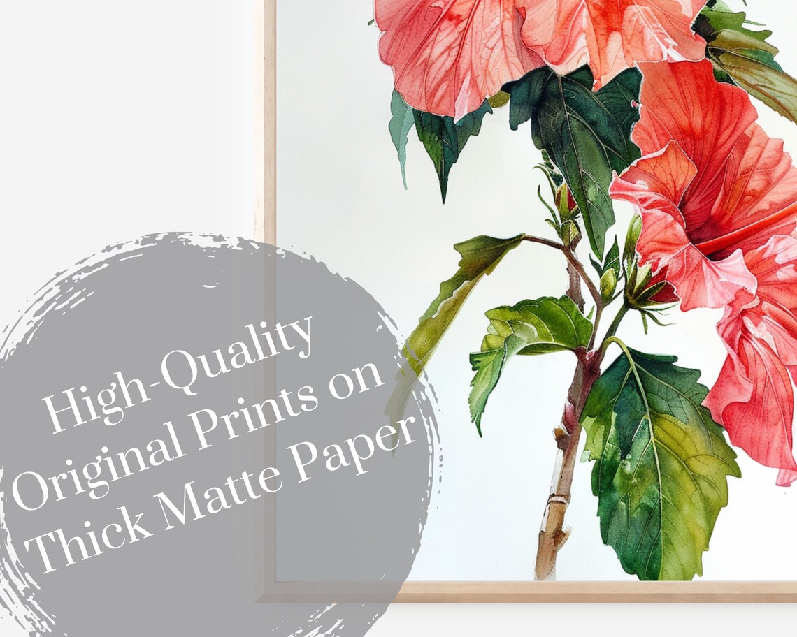 Red Hibiscus Flower Branch Watercolor Botanical Tropical Wall Poster - Image 4