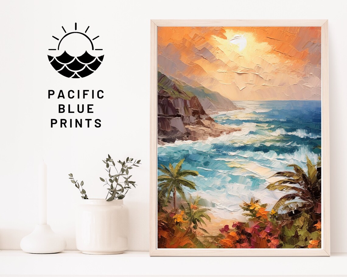 Beach Sunset Oil Painting Art Print, Hawaii Island Decor - Image 4
