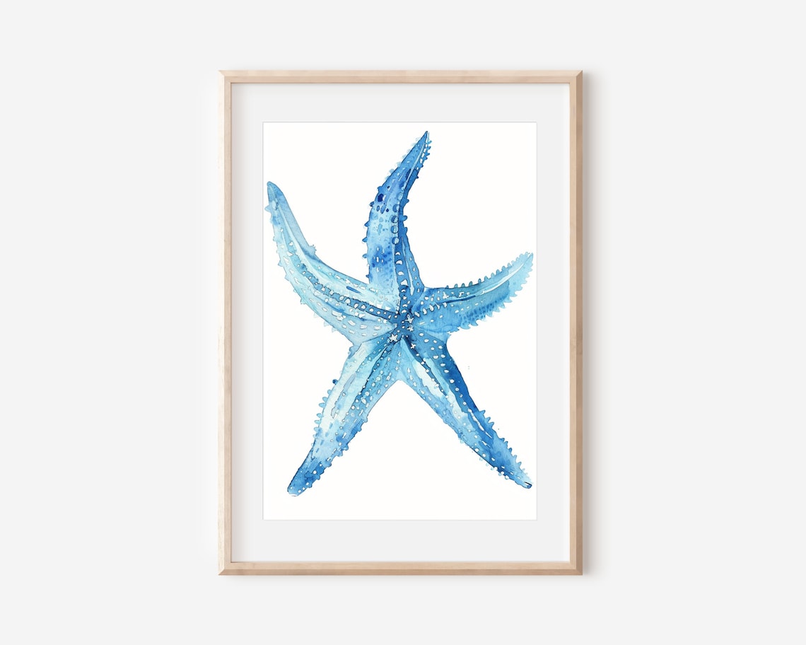 Blue Starfish Watercolor Minimalist Ocean Sea Animal Wall Art Poster