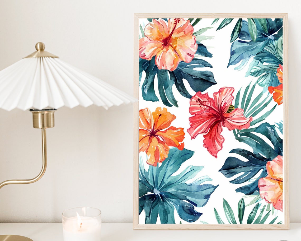 Hawaiian Hibiscus Tropical Flower Pattern Watercolor Wall Art Poster - Image 3
