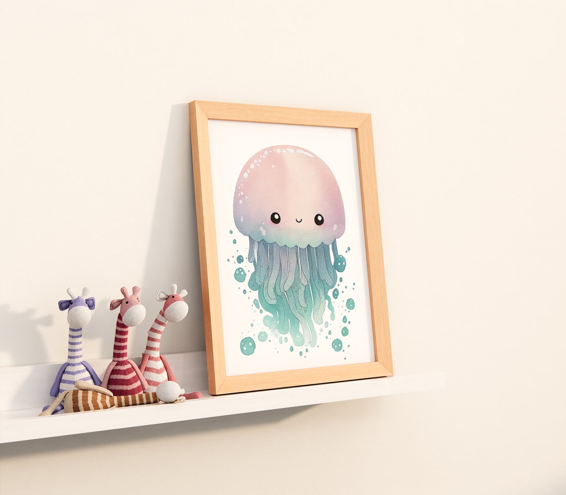 Watercolor Nursery Kawaii Jellyfish Cute Nursery Animal Art Baby Animal Nursery Painting Art For Babies Gifts For Newborns - Image 3