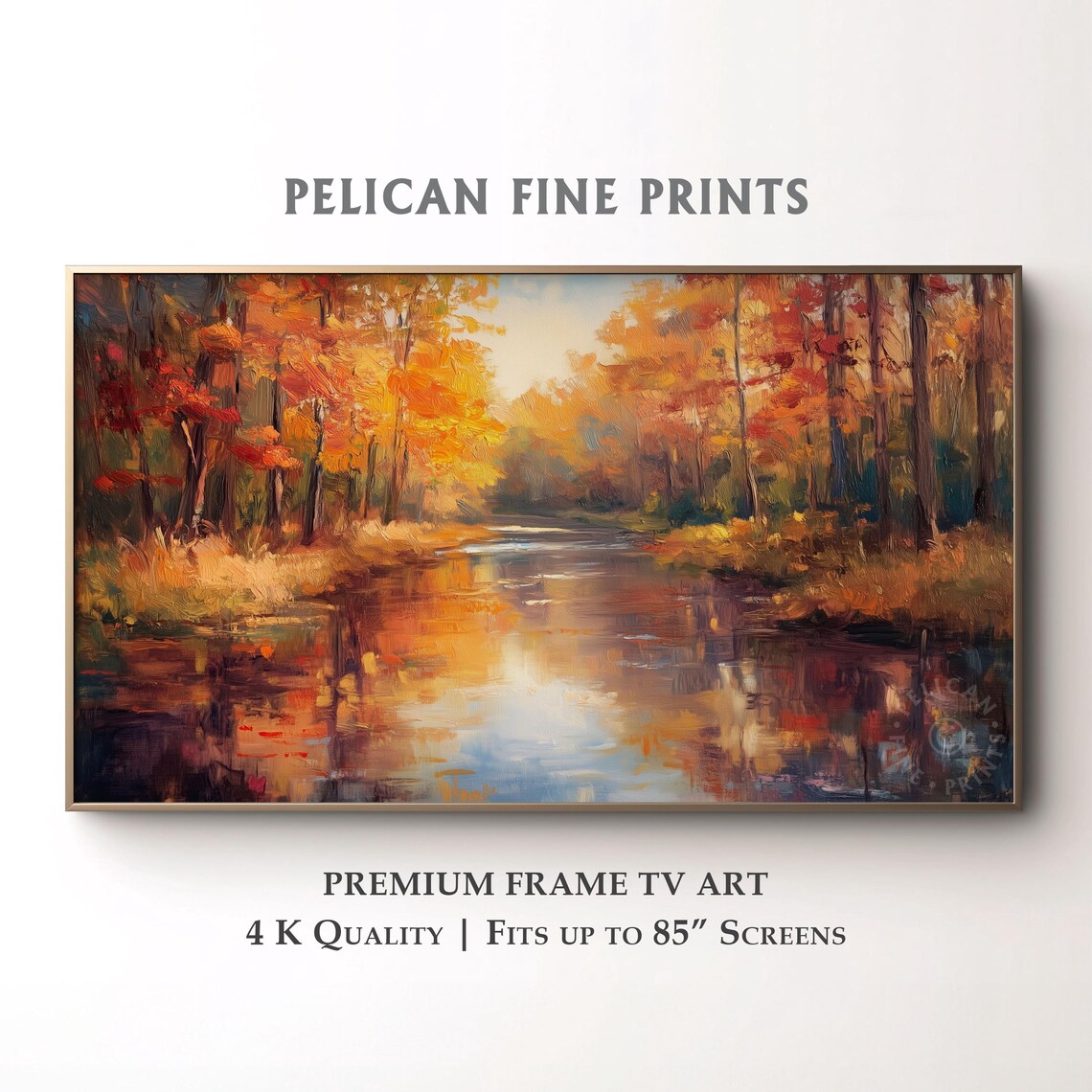 Autumn Creek Frame Tv Art Reflections And Fallen Leaves Painting Rustic Fall Forest Scene Cozy Nature Decor Tv012