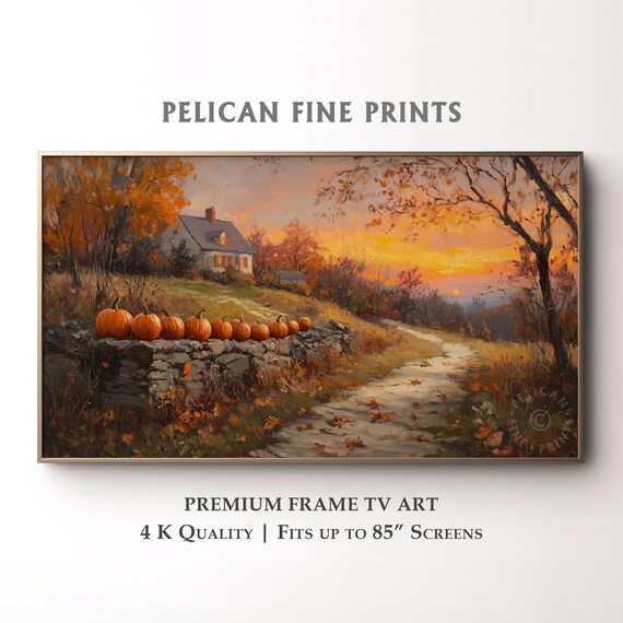Cottage Porch Frame Tv Art Pumpkins At Sunset Painting Rustic Autumn Farmhouse Scene Cozy Harvest Decor Tv010