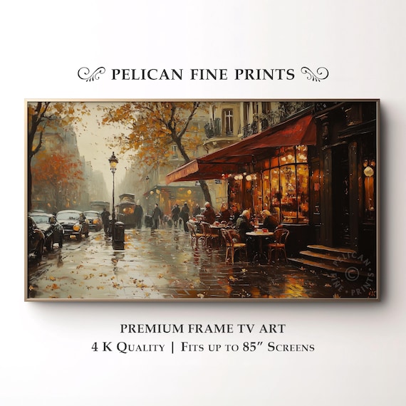 Parisian Cafe Rainy Autumn Street Warm Lights Cityscape Art Poster